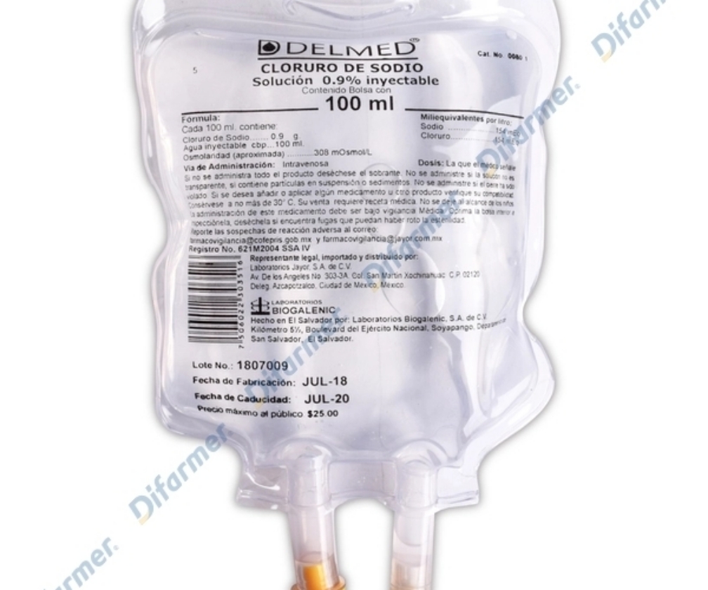 100 ML DELMED (Cloruro de Sodio) Sol. Iny. 0.9% Bolsa .
Cloruro de Sodio (Sol. Inyectable) Macrosolución.
Laboratorio: JAYOR