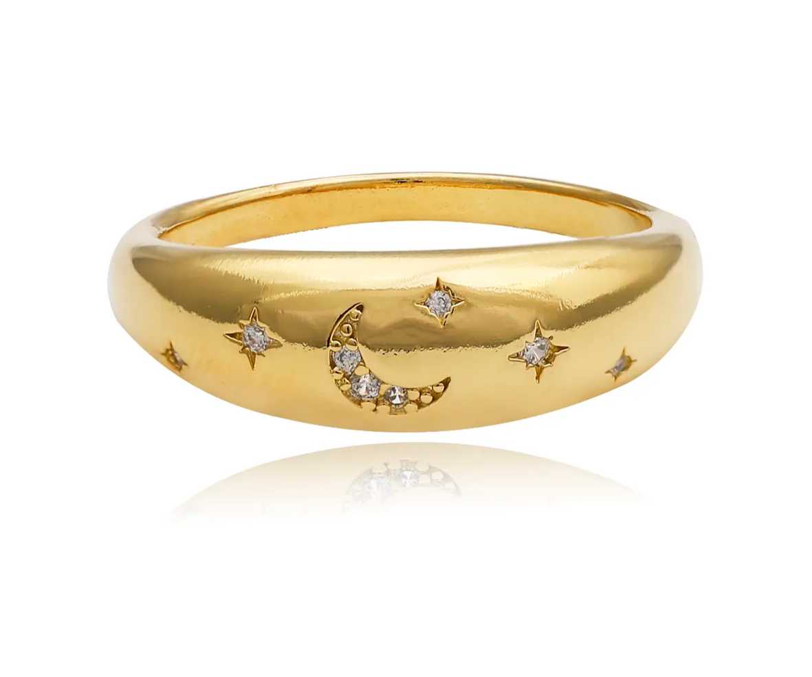 Anel Estrelas e Lua com Zircônias banho Ouro 18 k Tamanho 19