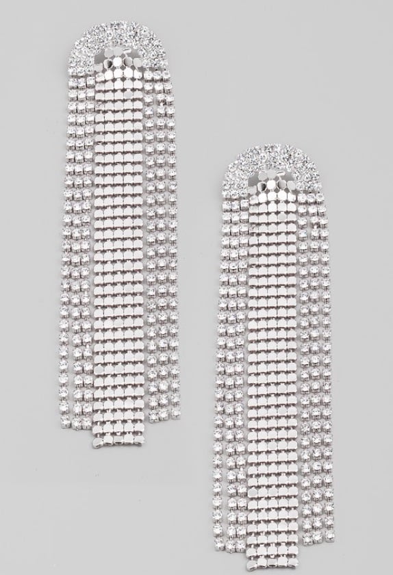 Crystal Rhinestone Fringe Earrings-Silver