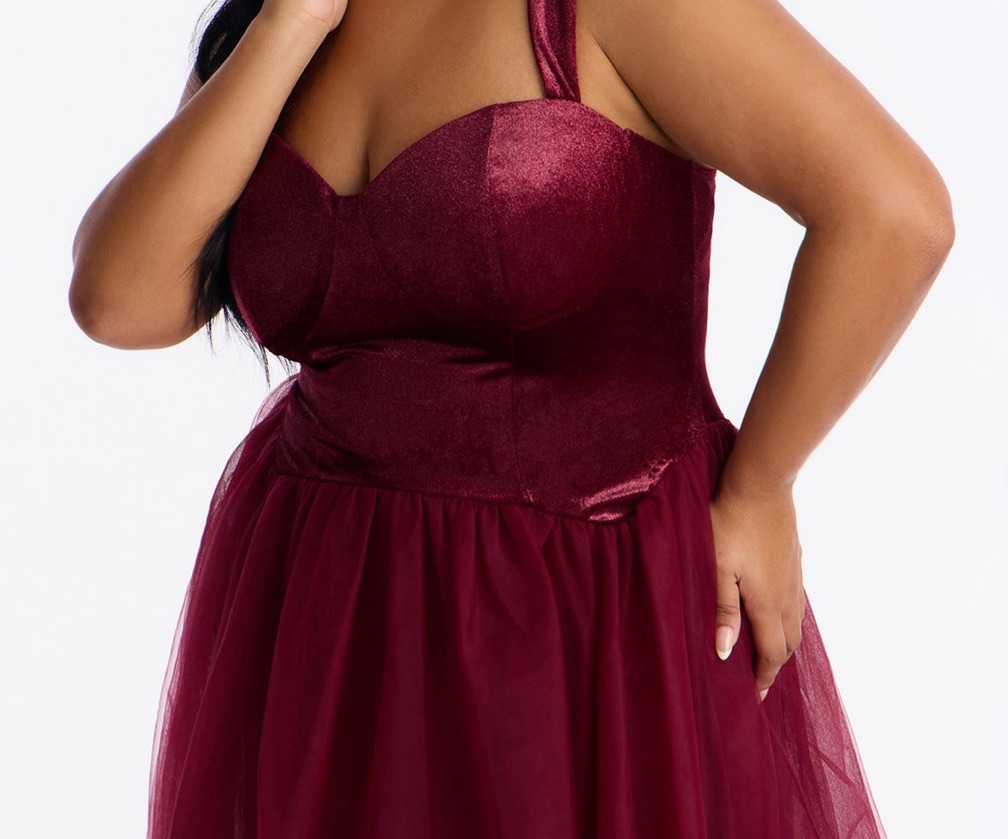 Janae Velvet Tulle Midi Dress -Wine