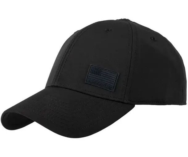 5.11, L/XL, negra, logo US flag frontal goma, 5.11 posterior, tela secado rápido, cerrada.
