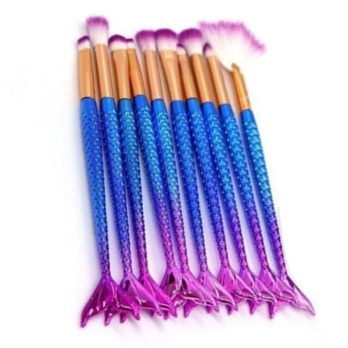 Pincel Kit 10 Peças Sereia Maquiagem Mermaid Delineador Make Up Sombra