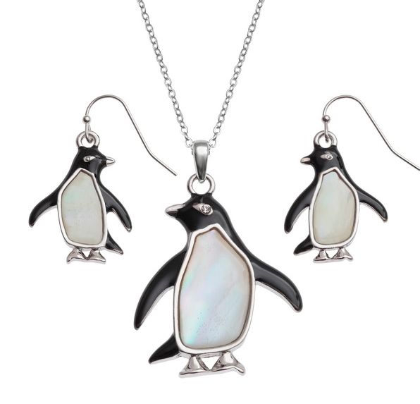 Penguin necklace & hook earrings set Mother of pearl shell Tj409