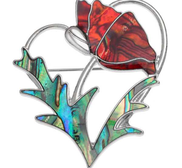 Tj892 Poppy flower heart-shaped brooch Inlaid natural & red Paua shell