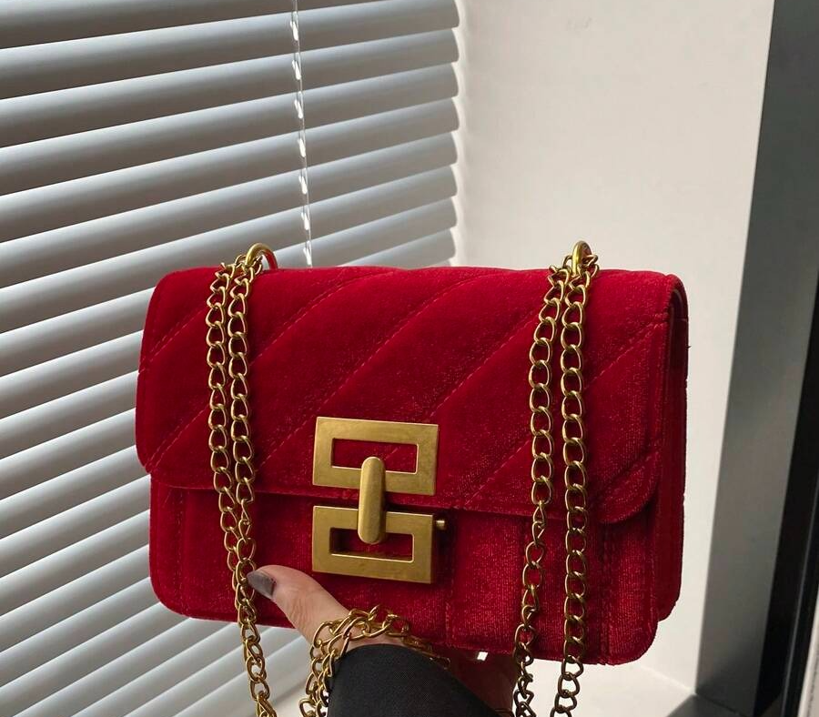 Vintage Textured Velvet Square Shoulder Bag, Solid Color Elegant Chain Bag, Women's Classic Handbag Wallet Red