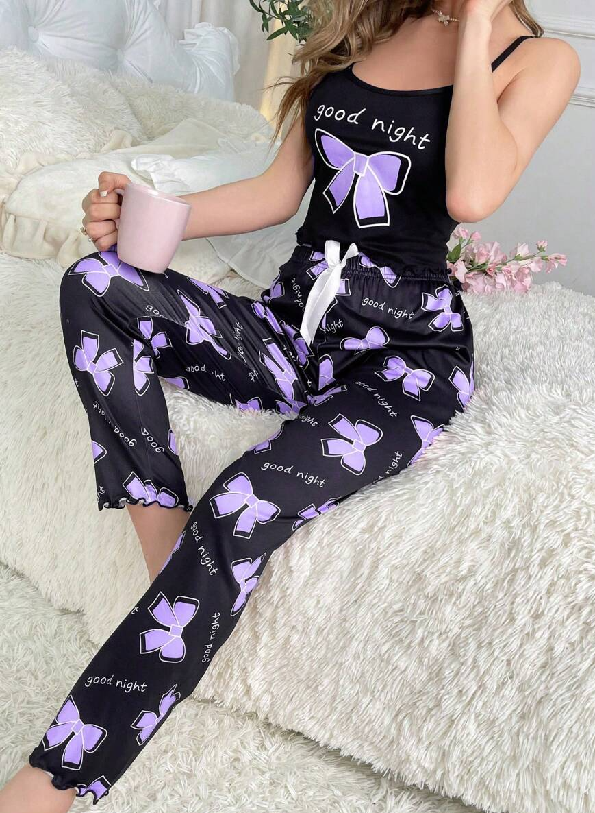 Women Summer Printed Camisole Top And Shorts Pajama Set With Slogan And Bowknot