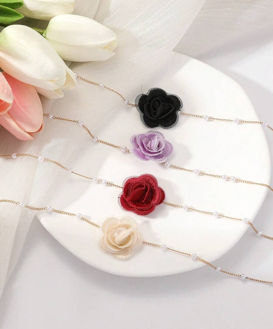 1pc Fashion Flower & Faux Pearl Decor Choker For Women For Daily Decoration Valentines,Mom,Mother,Mother's Day,Gift Burgundy / one-size