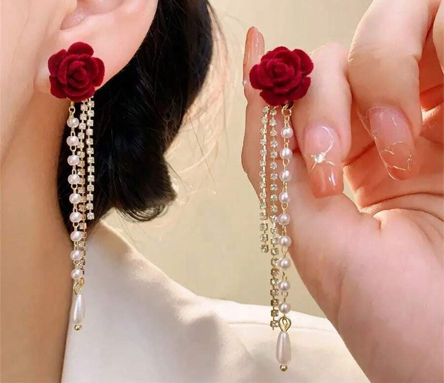 1pair Plush Red Rose Earrings With Tassel In High-End Jewelry Bag, Gift For Mother's Day, Valentine's Day, Birthday, Clothing Accessory, Festival Elegant Halloween Valentines Multicolor / one-size