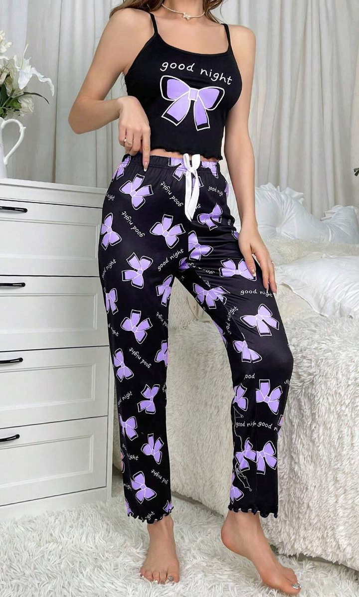 Women Summer Printed Camisole Top And Shorts Pajama Set With Slogan And Bowknot