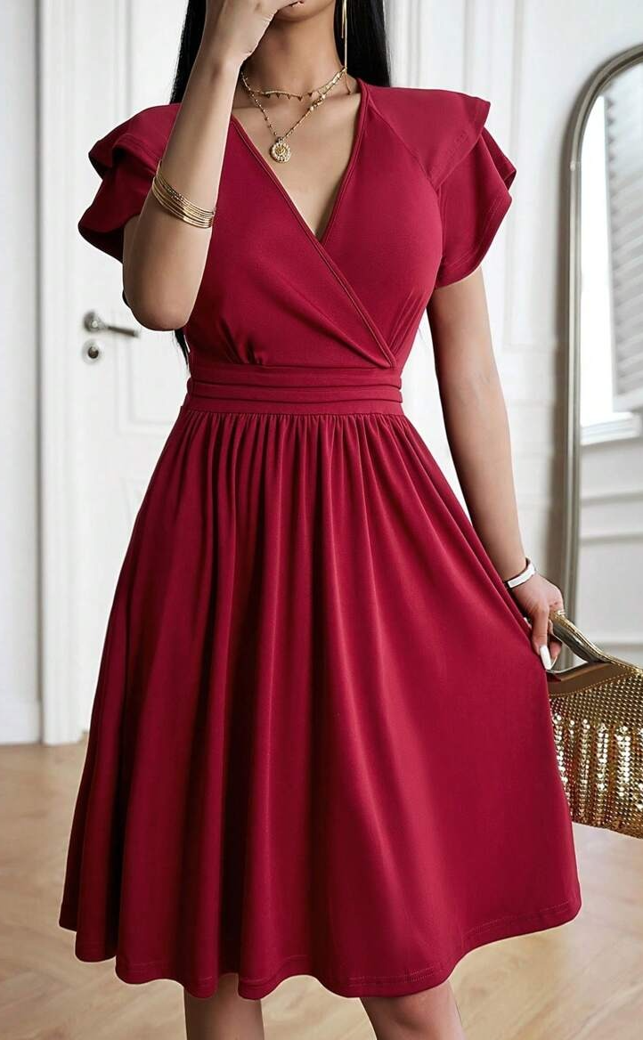 Raffinéa Solid Surplice Neck Butterfly Sleeve A-Line Dress Burgundy Color Women Outfit Burgundy/M