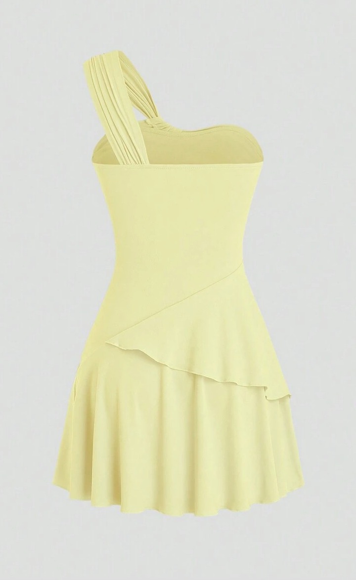 Sweetra Fashionable And Sweet Summer Single-Shoulder Pleated Waist A-Line Dress Y2K Outfit Vacation Outfits Woman Yellow/L