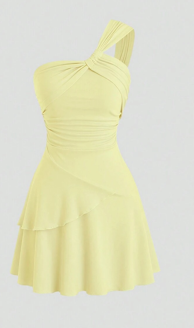 Sweetra Fashionable And Sweet Summer Single-Shoulder Pleated Waist A-Line Dress Y2K Outfit Vacation Outfits Woman Yellow/L