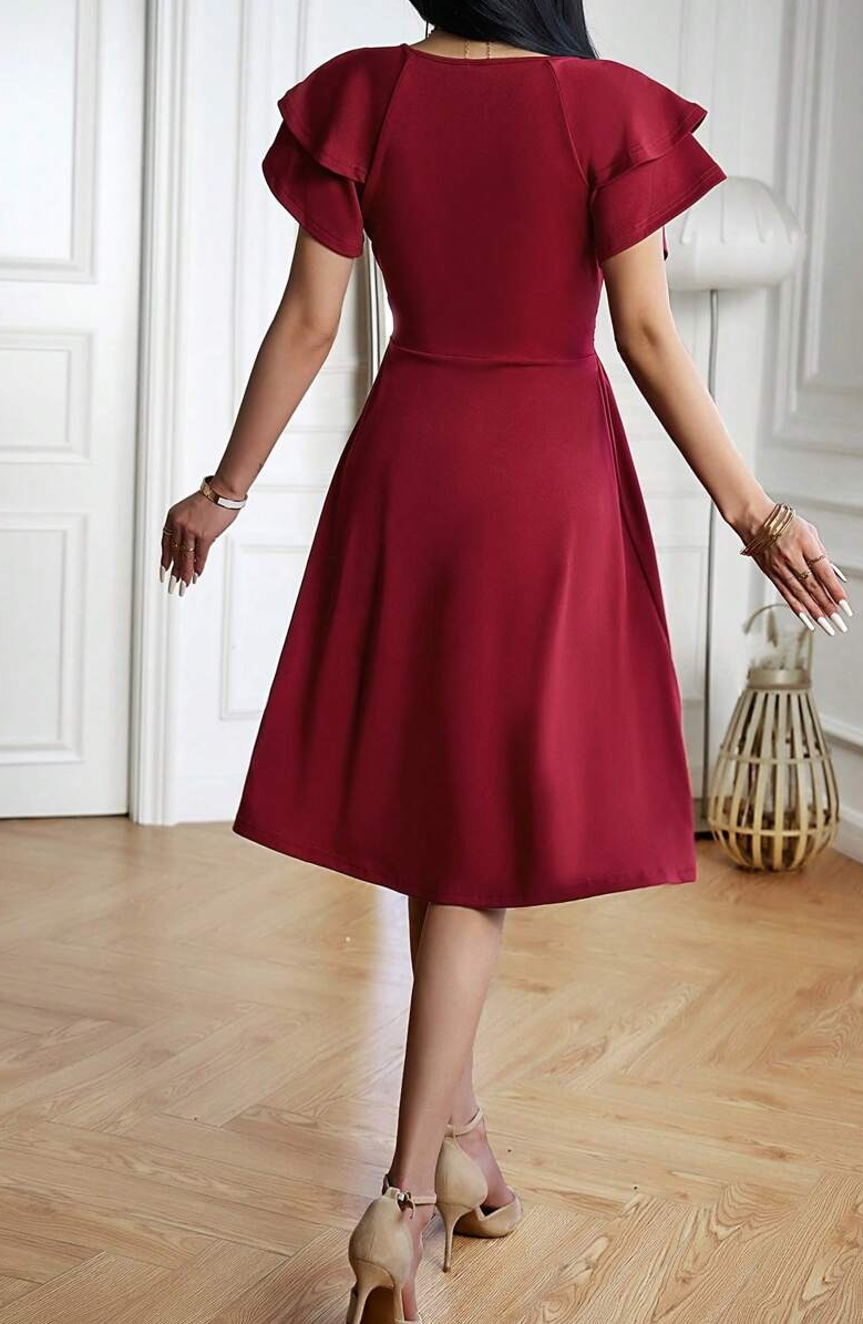 Raffinéa Solid Surplice Neck Butterfly Sleeve A-Line Dress Burgundy Color Women Outfit Burgundy/M