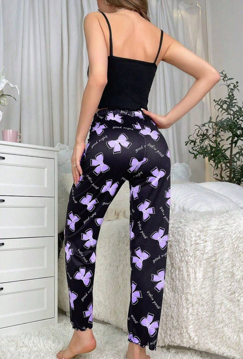 Women Summer Printed Camisole Top And Shorts Pajama Set With Slogan And Bowknot