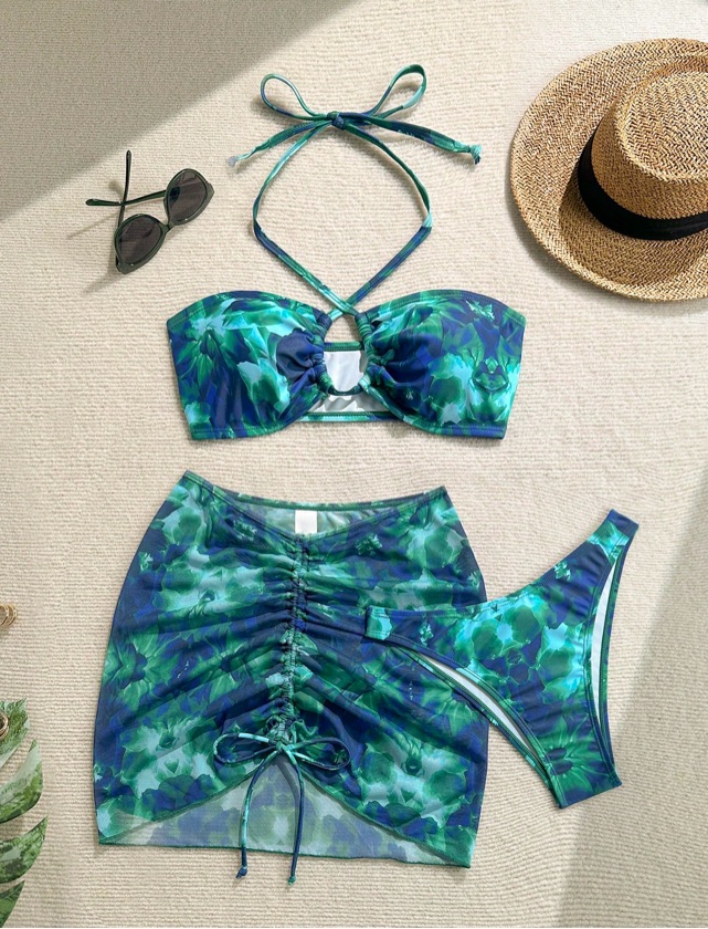 Conjunto de traje de baño de mujer con top halter, estampado floral, bikini sexy, con cubre y falda corta para el verano y la playa