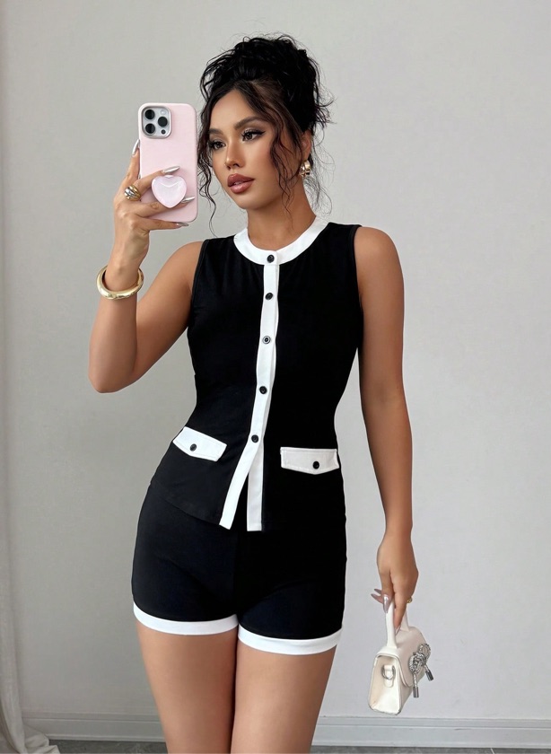 Set de 2 piezas Top sin mangas con botones delanteros y recortes a color y Shorts