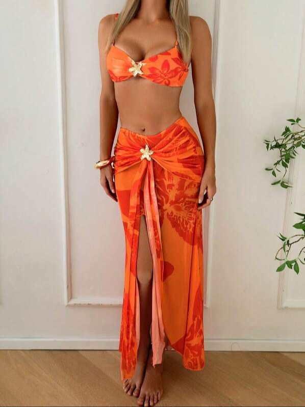 Conjunto de Bikini y Falda Pareo Naranja
