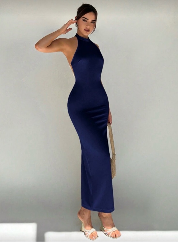 Vestido con decoración de perlas y espalda descubierta para mujer