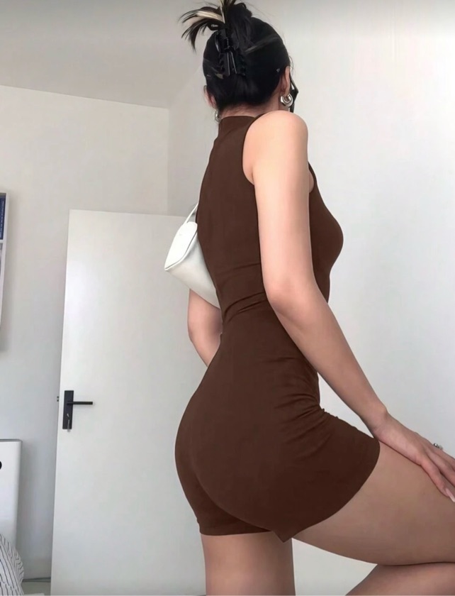 Jumpsuit Unitard De Color Sólido Con Cuello Alto Para Mujer