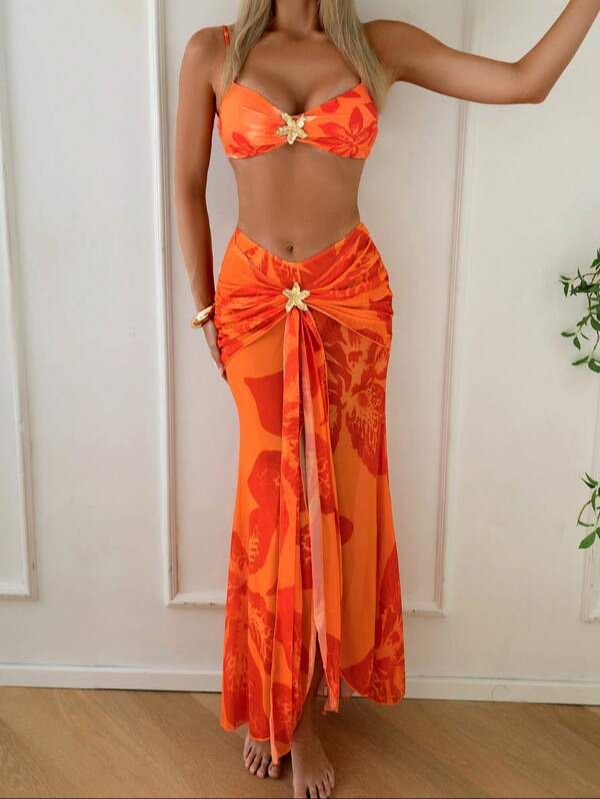 Conjunto de Bikini y Falda Pareo Naranja