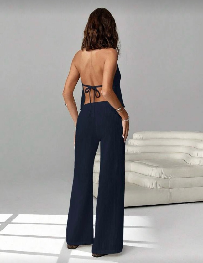Set casual de 2 piezas de mujer con top halter de gasa y espalda descubierta para vacaciones