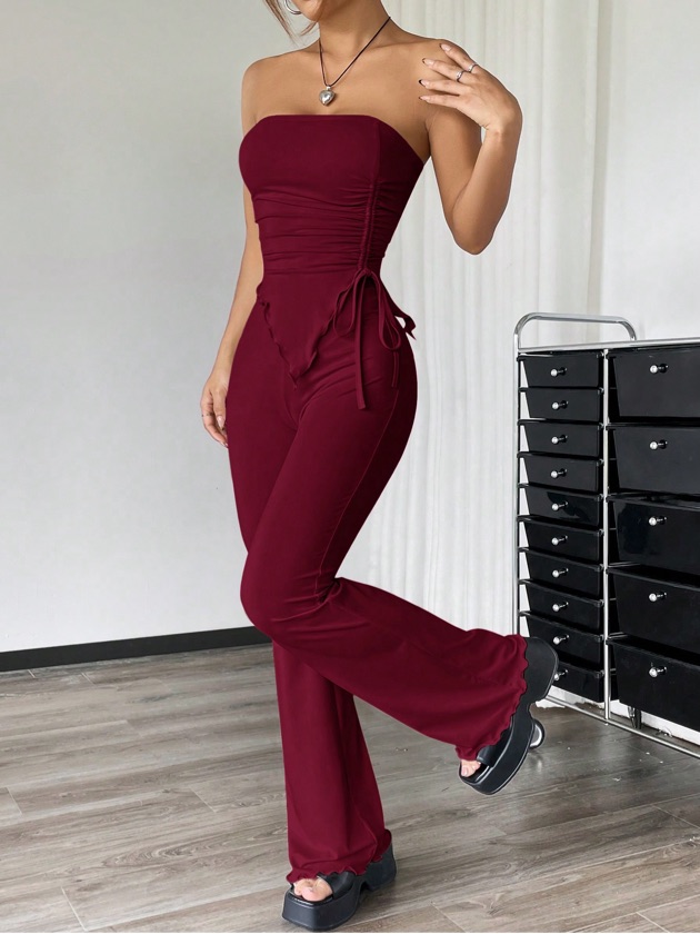 Set de 2 piezas: Top bandeau fruncido con bajo asimétrico y pantalones campana