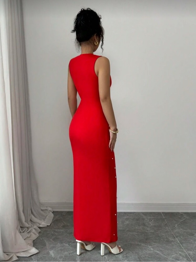 Vestido largo casual sin mangas con cuello redondo y decoración de perlas para mujer