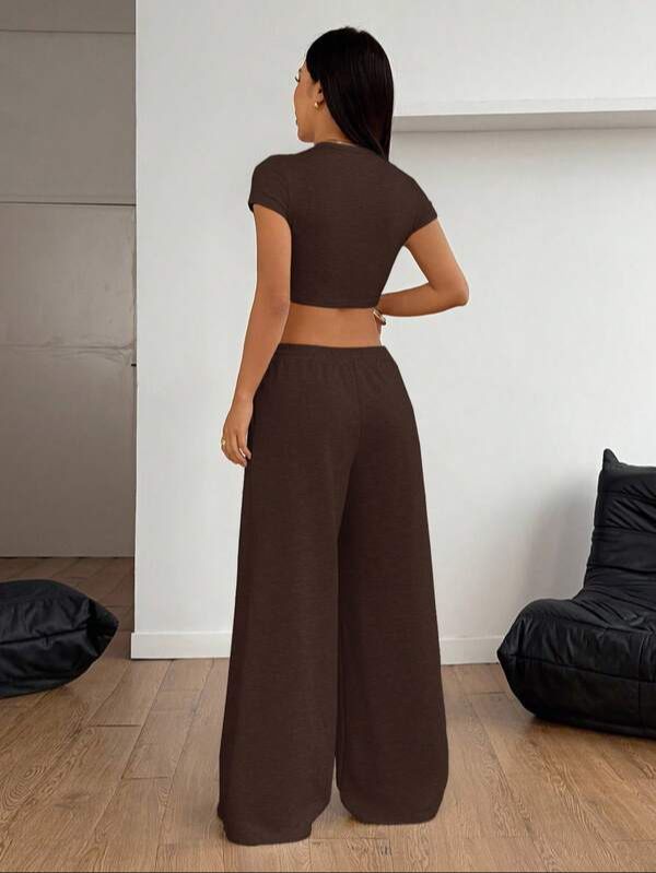 Conjunto de Top y Pantalones Anchos Marrón