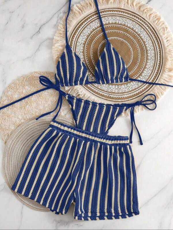 Conjunto de Bikini de Crochet a Rayas