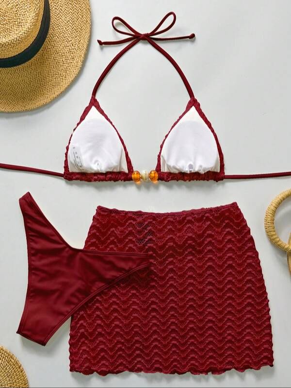 Conjunto de Bikini y Falda de Encaje Rojo