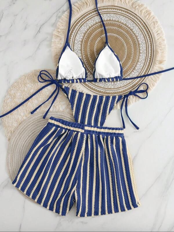 Conjunto de Bikini de Crochet a Rayas