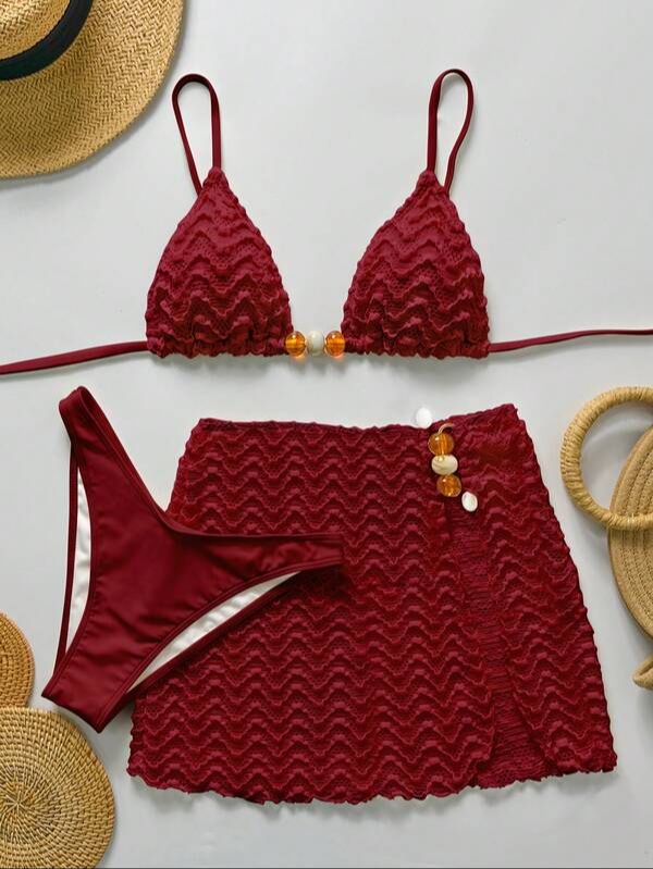 Conjunto de Bikini y Falda de Encaje Rojo