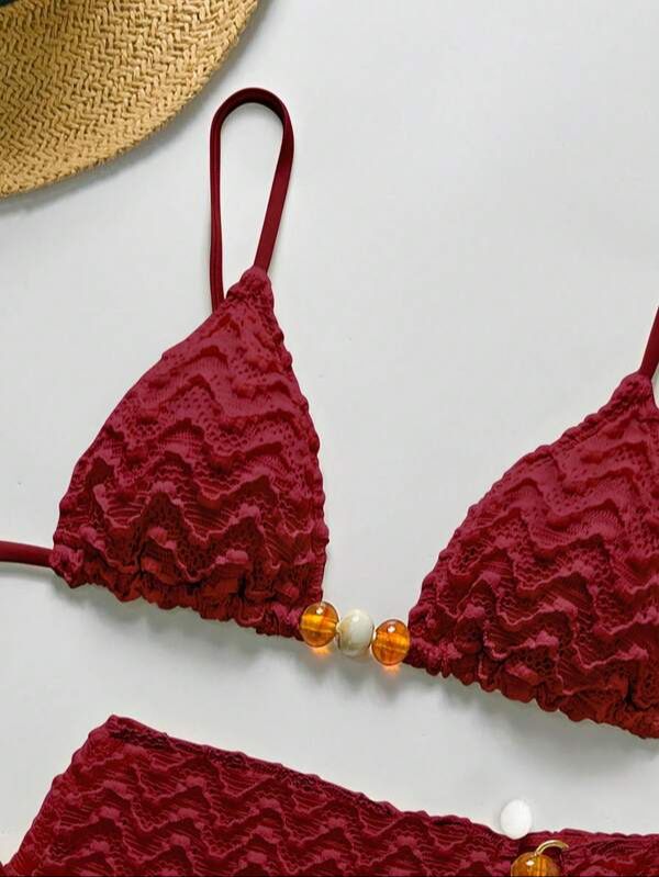 Conjunto de Bikini y Falda de Encaje Rojo