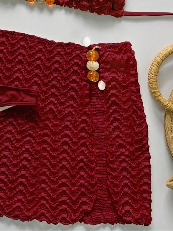 Conjunto de Bikini y Falda de Encaje Rojo
