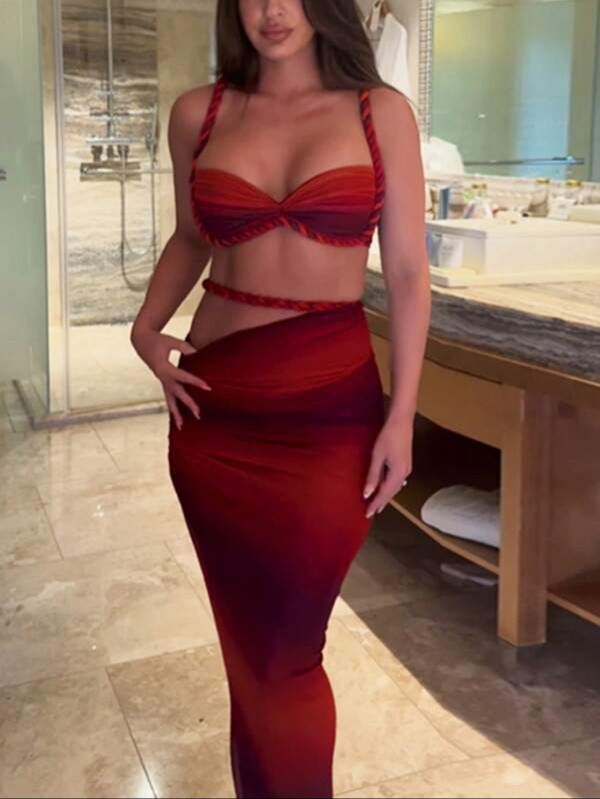 Conjunto de Top y Falda Larga Rojo degradado