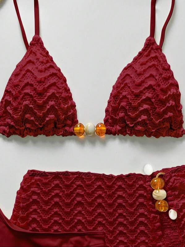 Conjunto de Bikini y Falda de Encaje Rojo