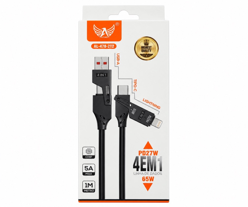 CABO 4 EM 1 65W PD 27W USB-A / USB-C / LIGHTNING ALTOMEX