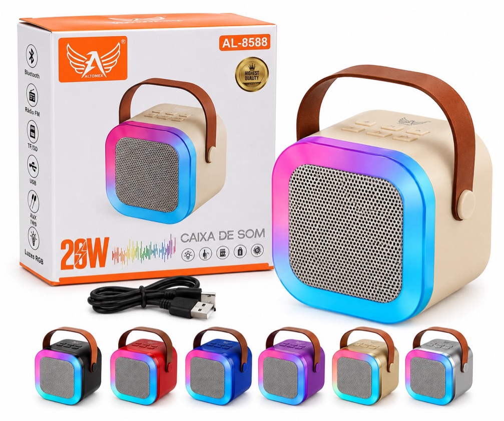 CAIXA DE SOM PORTÁTIL BLUETOOTH 20W COM LED RGB ALTOMEX (VAI COM CORES VARIADAS)