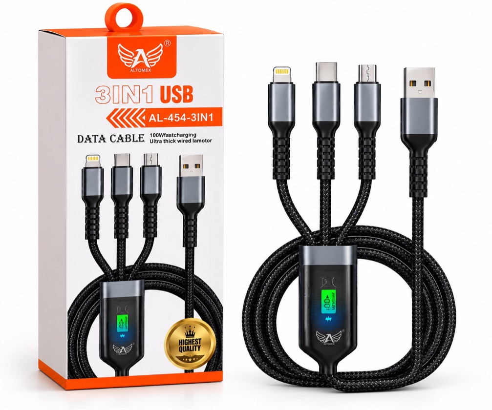 CABO 3 EM 1 100W COM USB-A, USB-C, MICRO-USB E LIGHTNING ALTOMEX