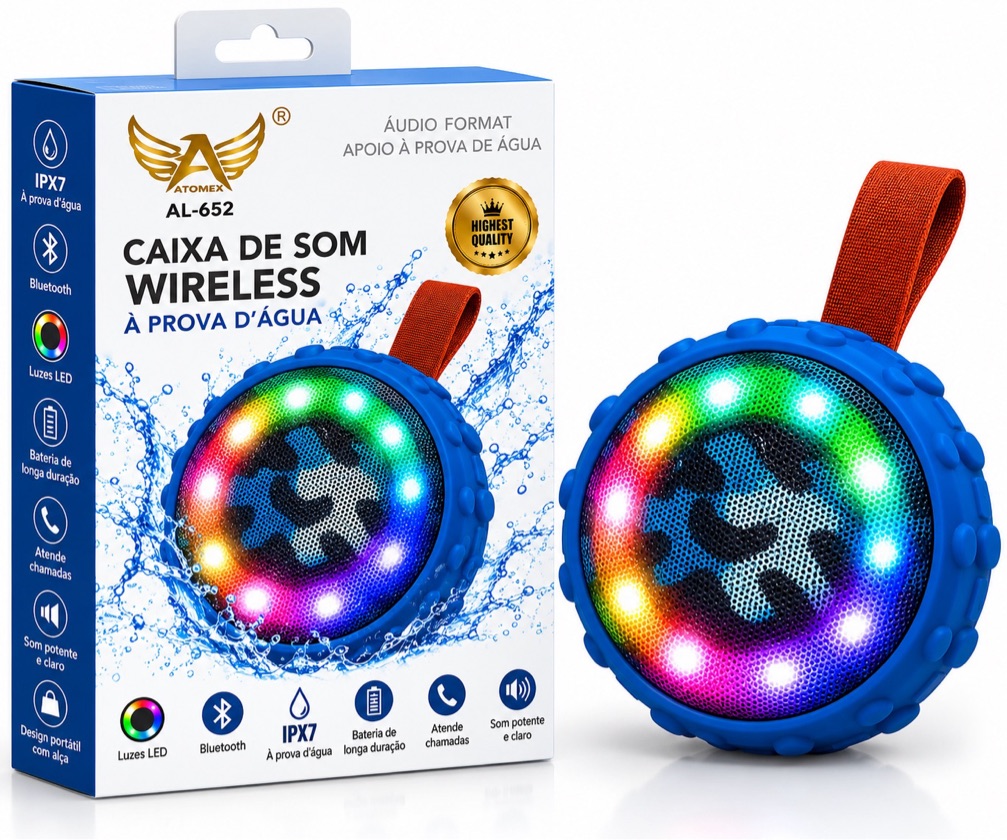 CAIXA DE SOM PORTÁTIL BLUETOOTH À PROVA D’ÁGUA COM LUZES LED ALTOMEX