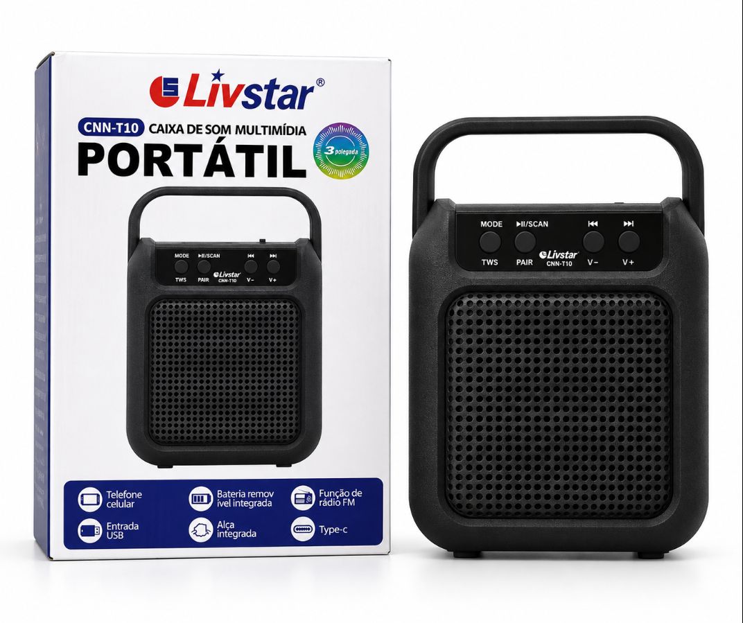 CAIXA DE SOM PORTÁTIL LIVSTAR CNN-T10 3 POLEGADAS COM BLUETOOTH, USB E RÁDIO FM