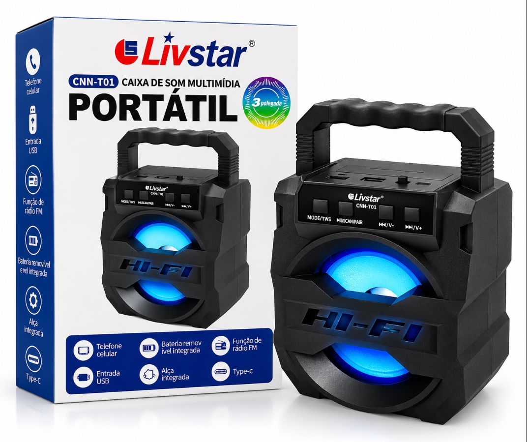 CAIXA DE SOM PORTÁTIL LIVSTAR CNN-T01 3 POLEGADAS COM BLUETOOTH, LED, USB E RÁDIO FM