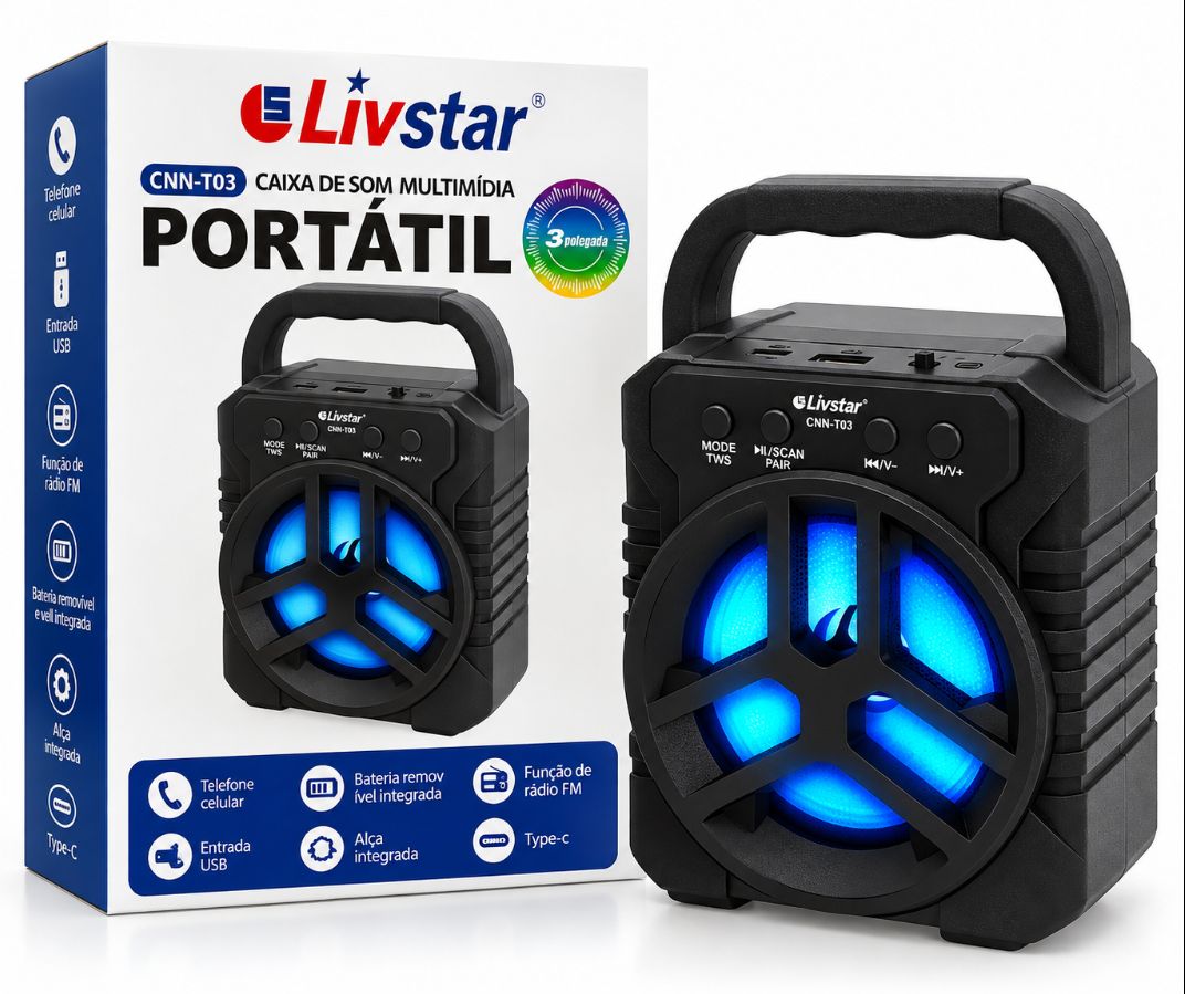 CAIXA DE SOM PORTÁTIL LIVSTAR CNN-T03 3 POLEGADAS COM BLUETOOTH, LED, USB E RÁDIO FM