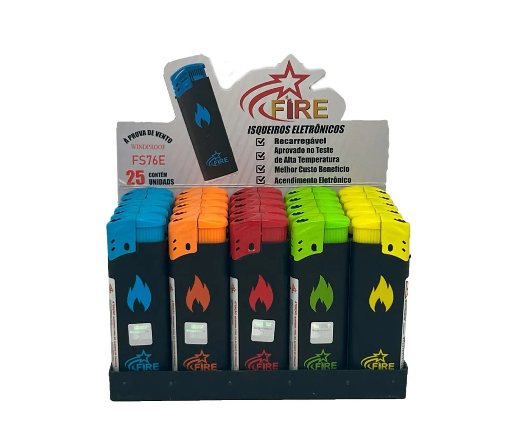 Caixa 25 Isqueiro Elétrico Firestar Wind-Proof FS76E (Chama Colorida)