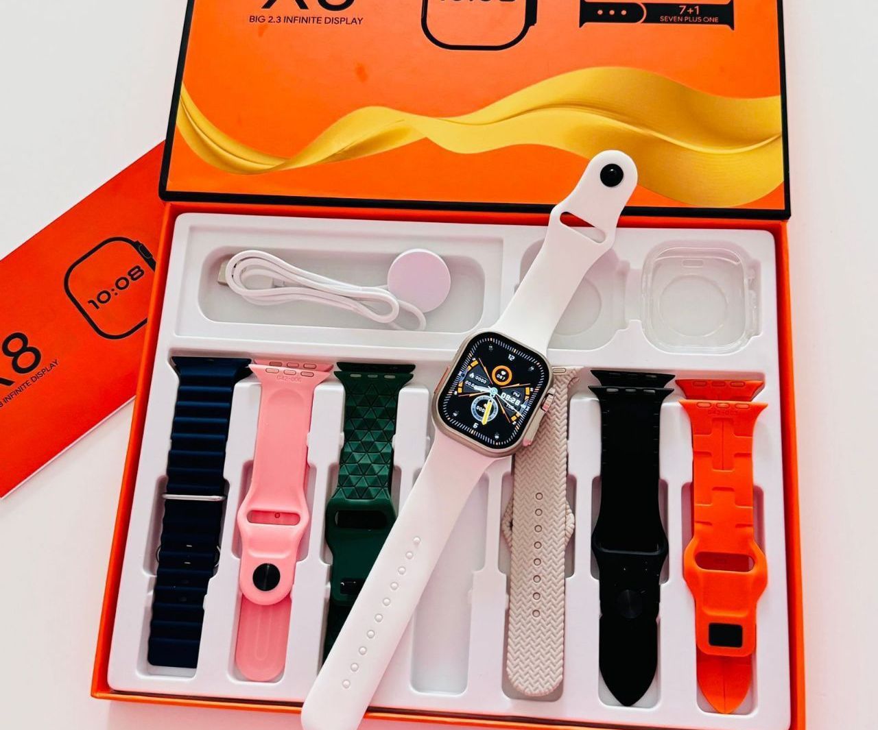 Combo Reloj inteligente x8 🛍️ trae una manilla para cada día de la semana 🎊
🌼Trae 7 pulsos
🌼Cargador 🔌
🌼Monitoreo de salud 🩺 deportes
🌼Responde llamadas y mensajes de WhatsApp 📞
🌼Notificación de tus apps 📲
🌼Compatible con Android y iOS
Incluye protector