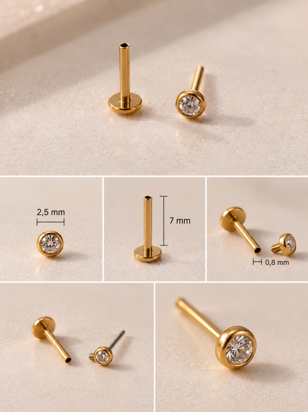Piercing Labret Titânio Puro com Cristal 2,5mm plug
