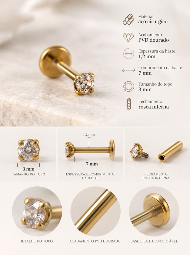 Piercing Dourado de Aço com Rosca Interna Haste 1,2mm 7mm Topo 3mm