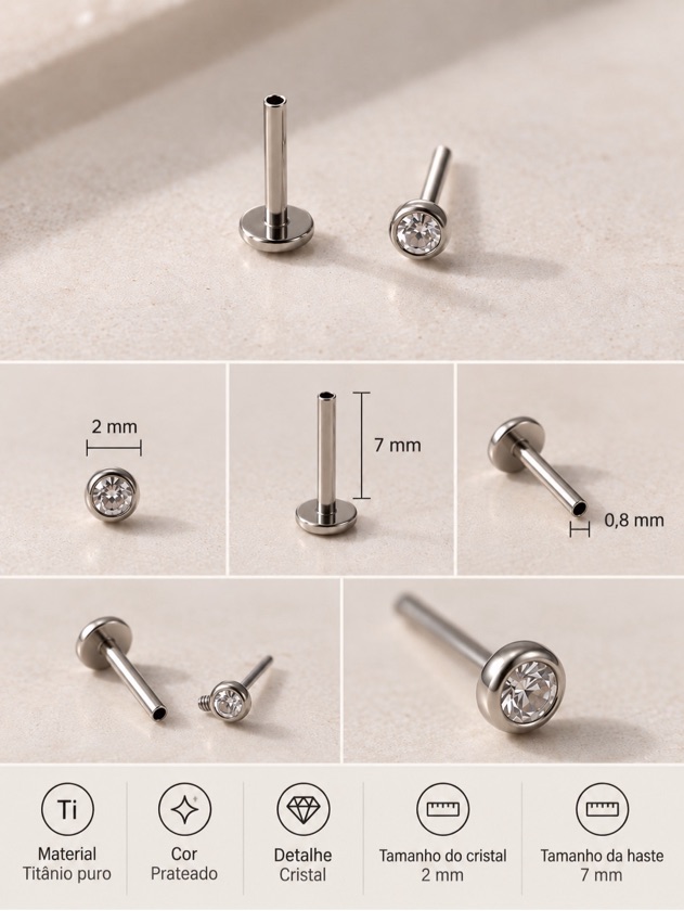 Piercing Labret Titânio Puro com Cristal 2,5mm plug