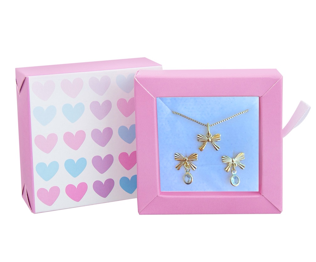 CONJUNTO INFANTIL BRINCO COM PEDRA E COLAR LAÇO DIAMANTADO BANHADO A OURO