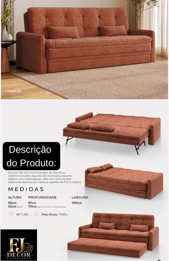 Sofá Cama 2mts. Veludo Marrom c/ Cama Auxiliar - Showroom